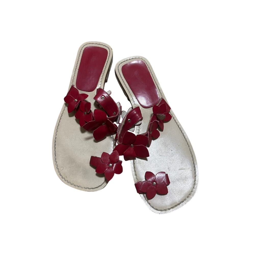 Y2K Red Leather Flower Applique Thong Sandals Slides 8.5